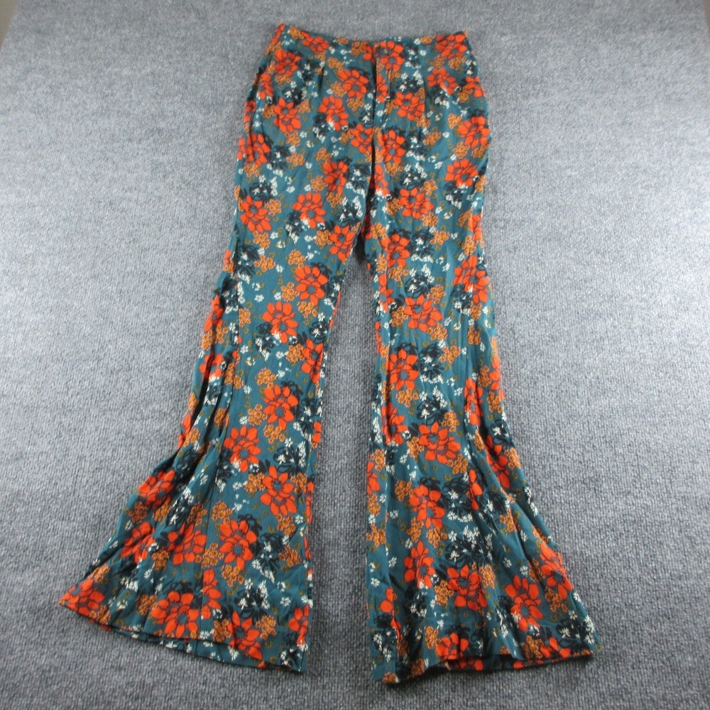 Free People Pants Womens XS Teal Floral Flare Leg Crepe Pull On Boho Festival